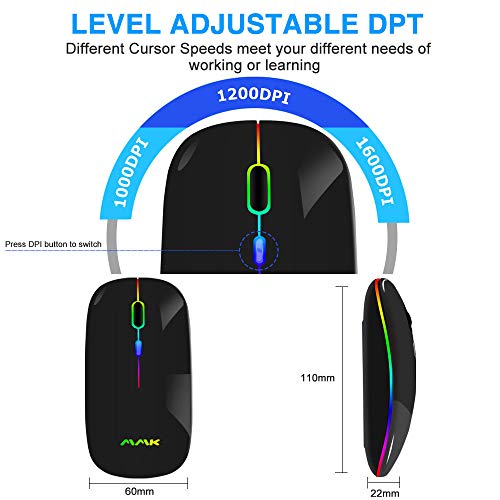 MMK Wireless Bluetooth Mouse for Laptop, Rechargeable Mouse 2.4G USB Optical Wireless Mouse, LED Slim Dual Mode(Bluetooth 5.0 and 2.4G) Wireless for Laptop, PC, Mac OS, Android, Windows (Black) - Image 5