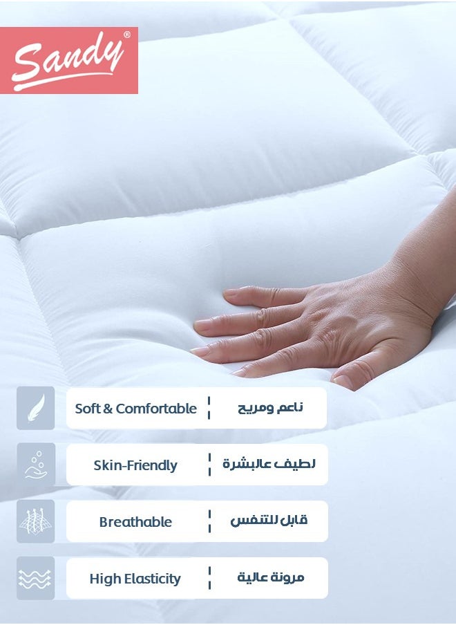 SANDY Soft Mattress Topper, Fitted Sheet Style Up to 35cm High, 100% Super Soft Microfiber Fabric, Soft & Thick Down Alternative Filling (C.King Size: 180X200 cm +10 cm Thickness, White Stripe)