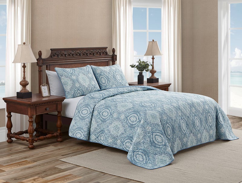 Tommy Bahama - Queen Quilt Set, Reversible Cotton Bedding with Matching Shams, Super Soft Bedding Set (Turtle Cove Caribbean Blue, Queen) - Image 1