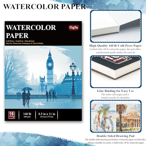 Ogfu Water Color Paper 8.5 x 11, Water Color Sketch Books 16 Sheets (32 Pages), Cold Pressed 140 lb Watercolor Paper Pad, 300gsm Thick Paper for Watercolor Painting, Drawing & Art Supplies. - Image 4