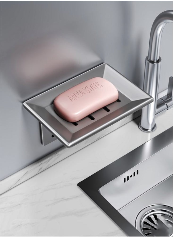Kutis 1-Piece Aluminum Alloy Soap Dish Wall Mounted Soap Sponge Holder Grey 13.5x9.4x3.4 cm  - Image 1