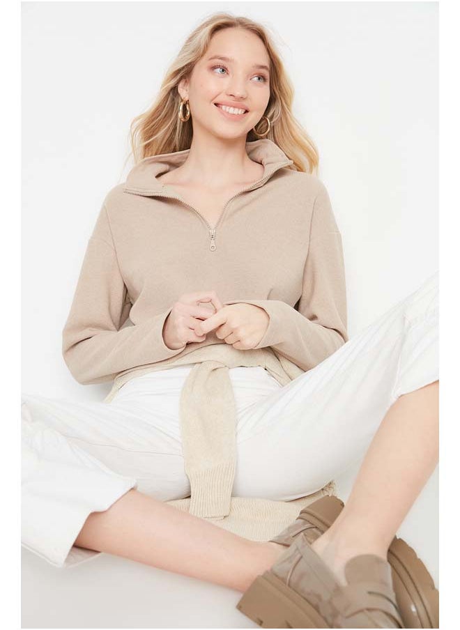 trendyol Beige Thessaloniki/Knitwear Look Zippered Collar Regular/Regular Fit Knitted Sweatshirt TWOAW22SW0732  - Image 1