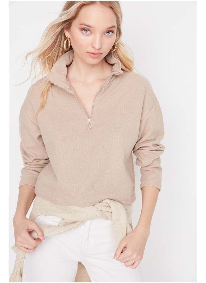 trendyol Beige Thessaloniki/Knitwear Look Zippered Collar Regular/Regular Fit Knitted Sweatshirt TWOAW22SW0732  - Image 2