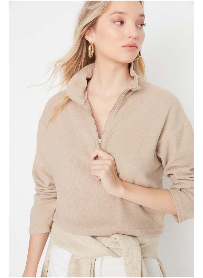 trendyol Beige Thessaloniki/Knitwear Look Zippered Collar Regular/Regular Fit Knitted Sweatshirt TWOAW22SW0732  - Image 3