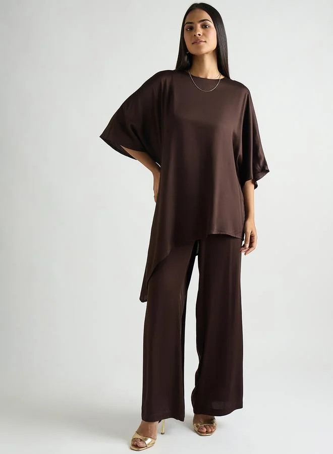 Femmella Women Brown Satin Asymmetric Top with Trousers Co-Ords