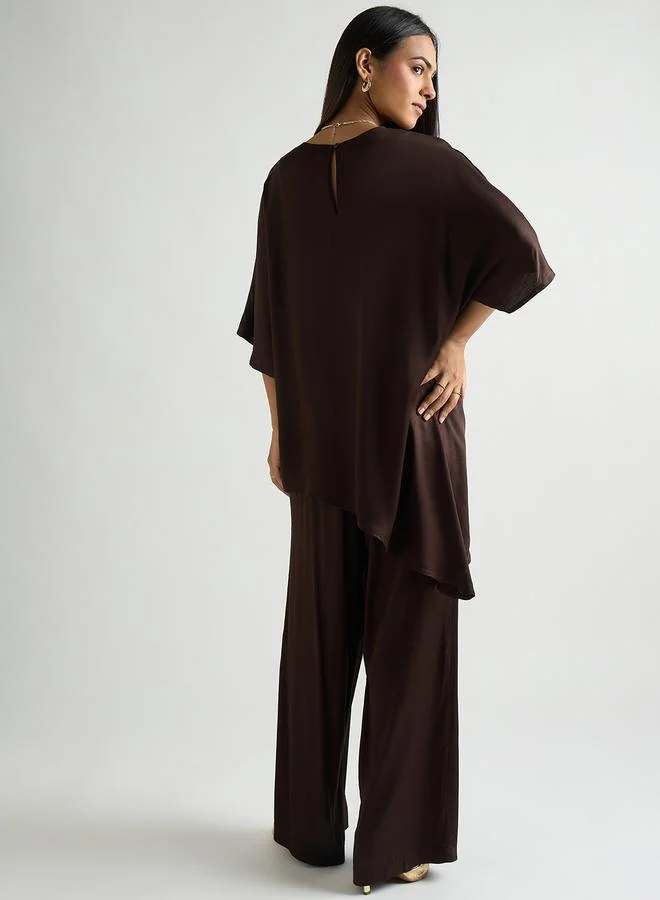 Femmella Women Brown Satin Asymmetric Top with Trousers Co-Ords