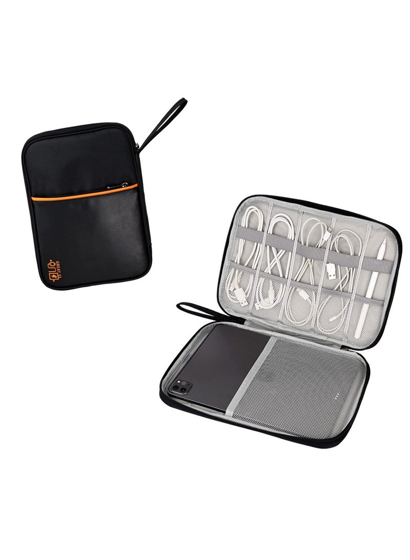 XiuWoo Electronic Accessories Storage Bag, Travel Cable Organizer PU Leather Portable for iPad, Charger Cable, Earphone, Memory Card, iPad Pen, Adapter (Black) - Image 1
