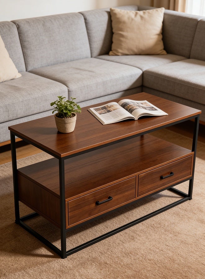 Modern Two Tier Storage Coffee Table for Living Room, Includes 2 Drawers, Easy Assembly, 120cm L x 55cm W x 65cm H, Walnut Color