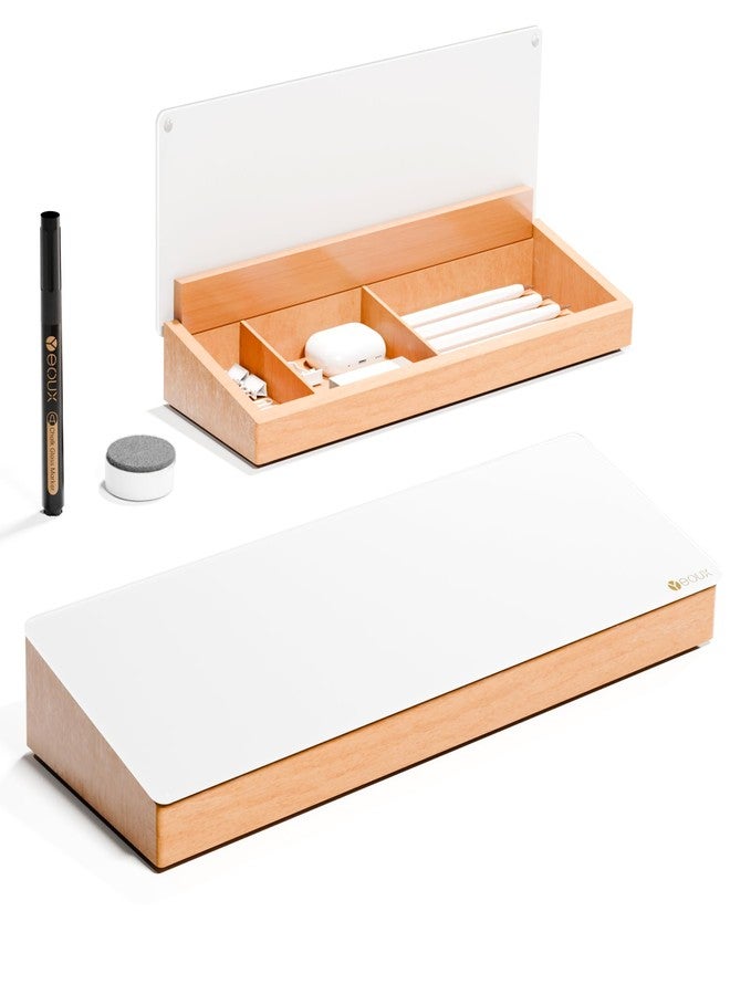 YEOUX Desktop Glass Whiteboard with Wooden Organizer Box for Office Supplies Storage, Computer Keyboard Stand, Desk Dry Erase White Board with Drawer for Stationary, Marker & Eraser Included, - Image 1