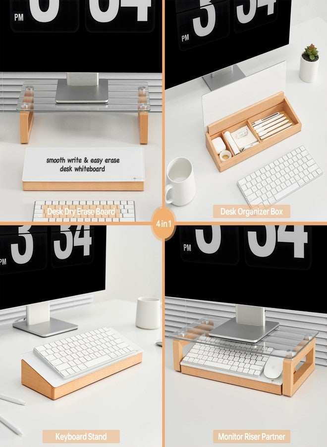 YEOUX Desktop Glass Whiteboard with Wooden Organizer Box for Office Supplies Storage, Computer Keyboard Stand, Desk Dry Erase White Board with Drawer for Stationary, Marker & Eraser Included, - Image 3