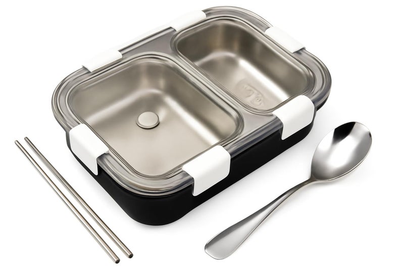 MEDALLIX 2 Compartment Stainless Steel Lunch Box for School, College & Office, Leak-Proof, BPA Free, with Spoon & Chopsticks, 750ml, Black – Ideal for Kids, Adults & Travel - Image 1