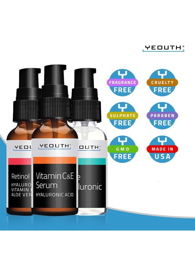 Skin Care Set: Hyaluronic Acid Serum for Face, Retinol Serum for Face and Vitamin C, Skincare Set Targets Appearance of Uneven Skin Tone and Dryness 3x1 oz