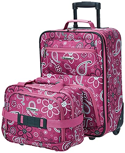 Rockland Fashion Softside Upright Luggage Set, Expandable, Wheel, Telescopic Handle, Pink Bandana, 2-Piece (14/19) - Image 1