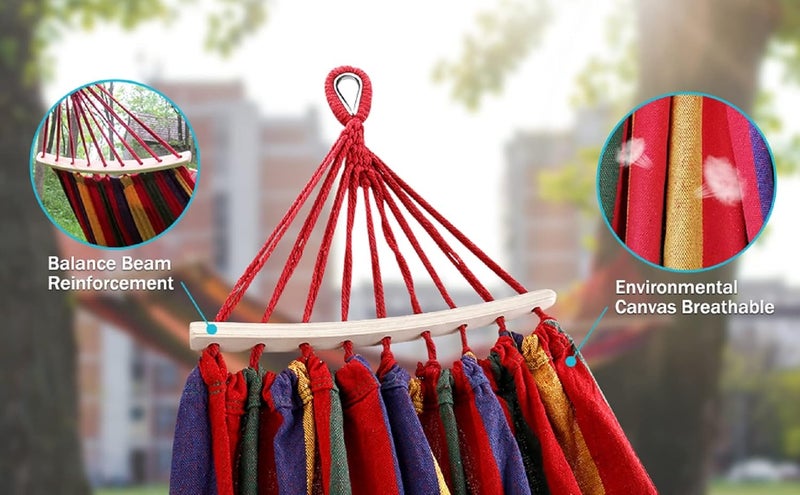 TASKHOUSE Cotton Canvas Hammock with Tree Straps Spreader Bar Swing Bed for Balcony, Backyard, Camping & Beach - Max Load 280kg (Wooden Red) - Image 2