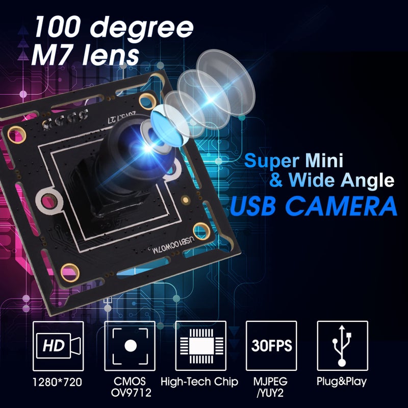 ELP USB Camera Module Super Mini 720p Wide Angle with 100degree M7 Lens Megapixel HD OV9712 Embedded Webcam Board for Computer USB2.0 UVC Video PC Opencv Camera Module,with 3.3ft/1m Cable for Laptop - Image 4