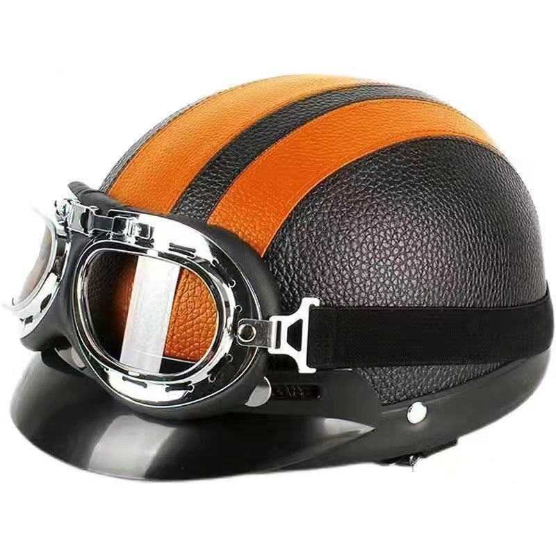 Generic Motorcycle Half Helmet Unisex Summer Riding Safety Gear Orange leather helmet + Harley goggles + detachable scarf 
