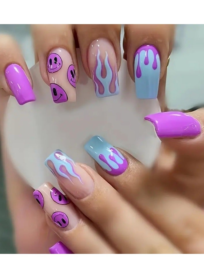 أوريتي تابوت فرنسي لطيف راقصة باليه أكريليك أظافر كاذبة مع تصميم اللهب الأزرق-أظافر وجه ابتسامة أرجوانية لامعة للنساء والفتيات - Image 1