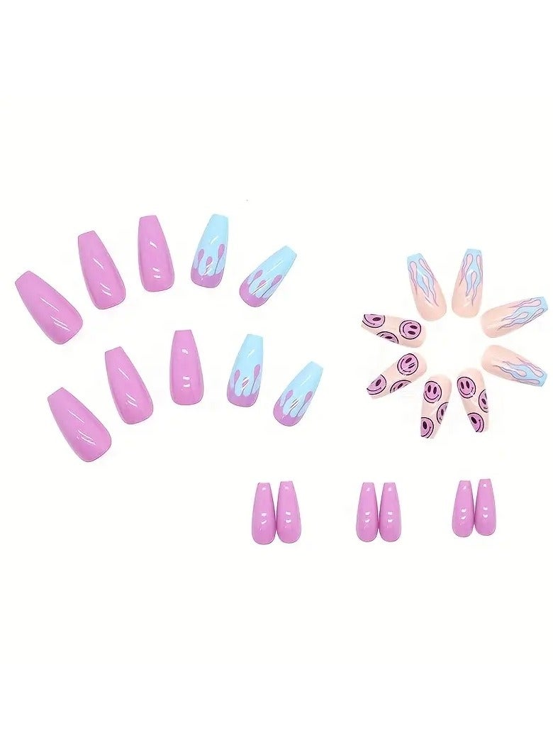 أوريتي تابوت فرنسي لطيف راقصة باليه أكريليك أظافر كاذبة مع تصميم اللهب الأزرق-أظافر وجه ابتسامة أرجوانية لامعة للنساء والفتيات - Image 5