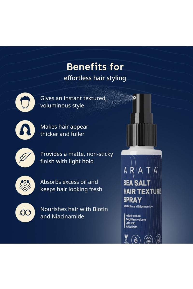 أراتا بخاخ أراتا لترطيب الشعر بملح البحر - ٥٠ مل | مع النياسيناميد والبيوتين | لكثافة فورية، وملمس ناعم، وتموجات شعر طبيعية | لمسة نهائية غير لامعة | للرجال والنساء | مناسب لجميع أنواع الشعر - Image 5