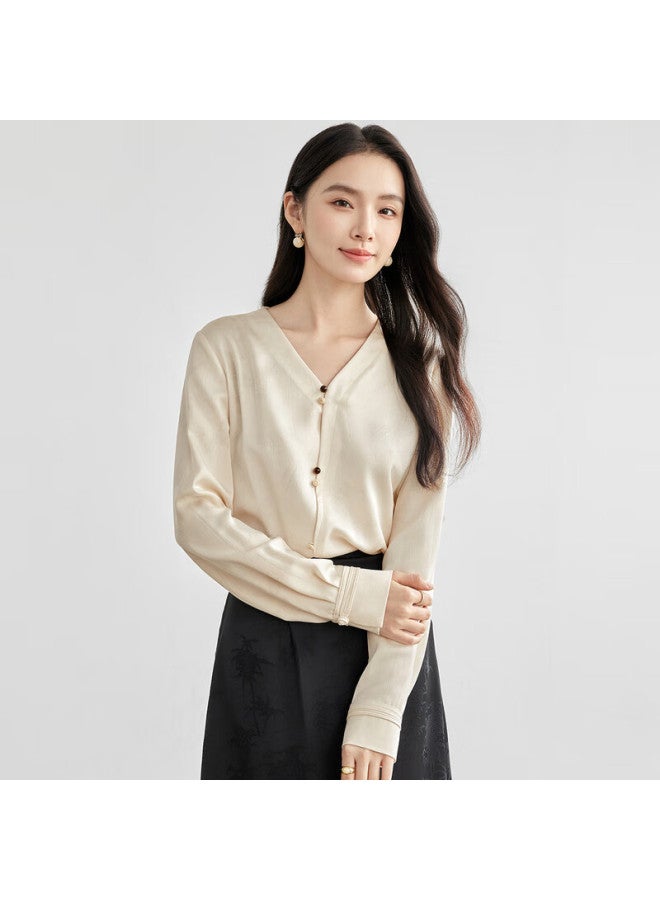 Sentubila Shangdu Bila National Style New Chinese V-neck Chiffon Blouse Women New Spring Versatile Long Sleeve Shirt Dark Pattern Satin Top Beige L - Image 1