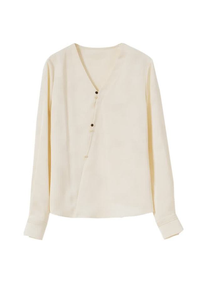 Sentubila Shangdu Bila National Style New Chinese V-neck Chiffon Blouse Women New Spring Versatile Long Sleeve Shirt Dark Pattern Satin Top Beige L - Image 2