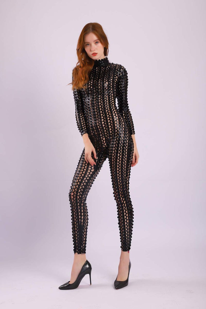 Seeksmile Unisex Hollow-Carved Shiny Dancewear Catsuit Bodysuit (Small, Black) - Image 2