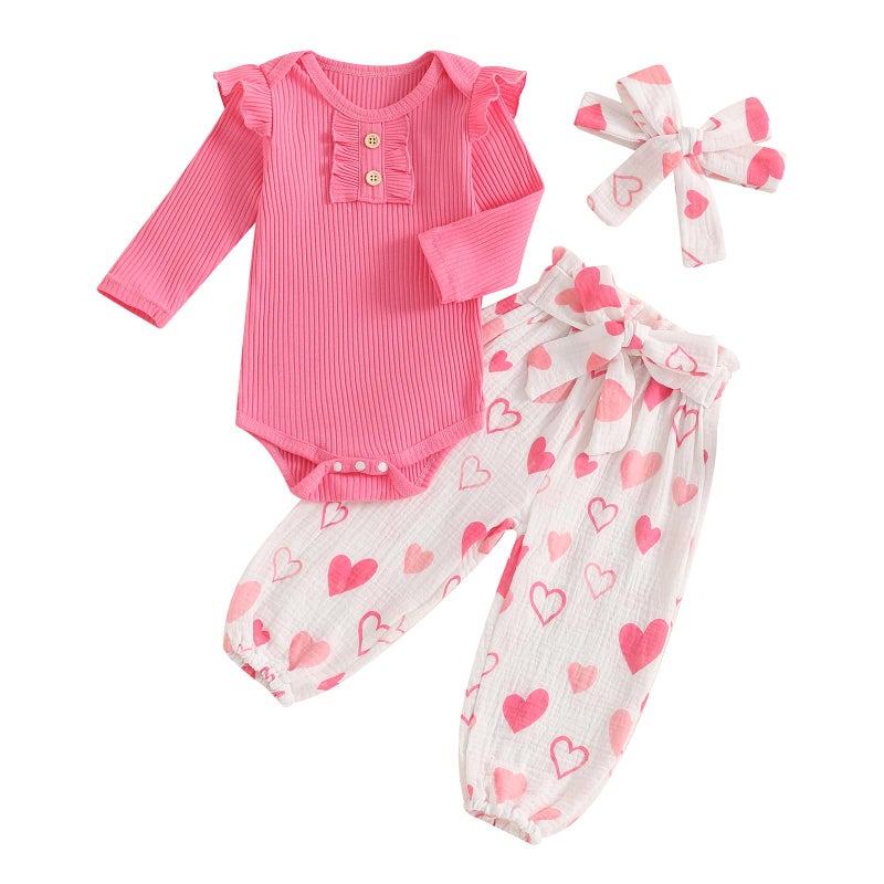 Rtnnsbbfcm Newborn Baby Girl Valentine's Day Outfit Long Sleeve Ribbed Romper Heart Print Pants Headband 3Pcs Set (Pink, 12-18 Months) - Image 1