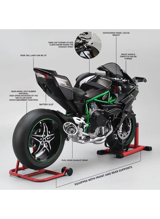 نموذج دراجة نارية كاواساكي H2R بمقياس 1:6، مصنوع من سبيكة معدنية، مزود بمفتاح تشغيل، وزخارف رائعة. - Image 4