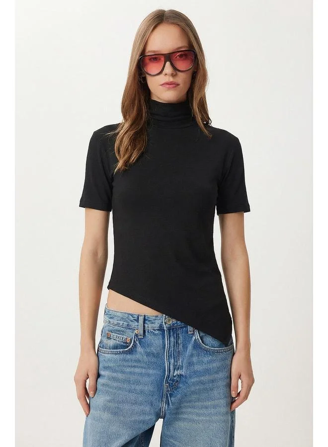 Lovely Istanbul Fisherman Collar Asymmetric Knit Blouse LMC0090 BLACK