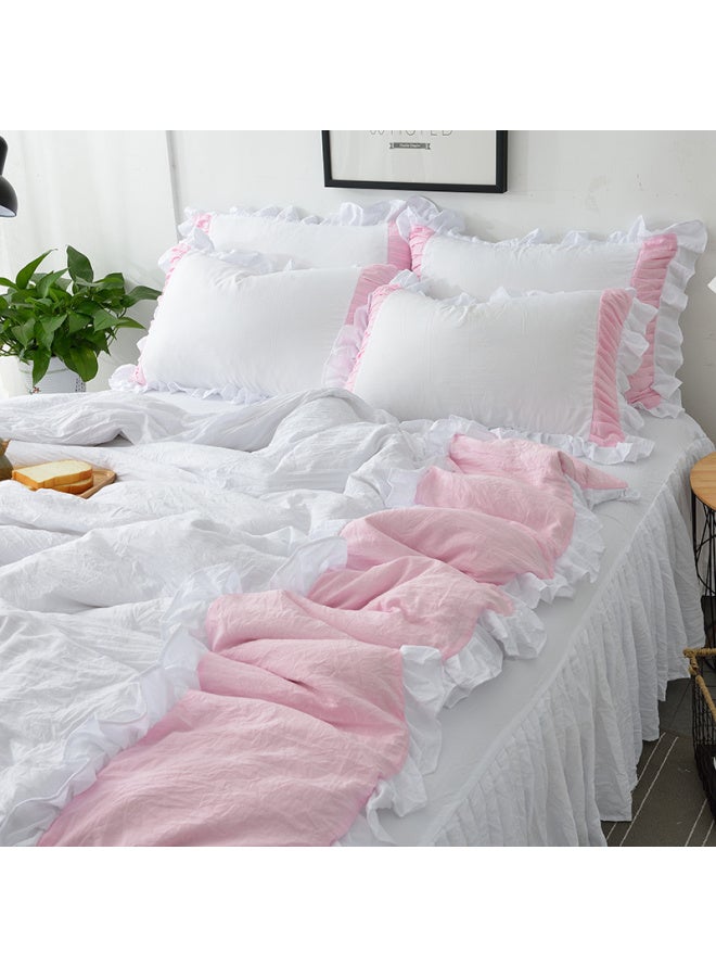 Generic # 7N Washed Cotton Quilt Cover Single Piece Three Four Pieces Solid Color Single Dormitory Double 1.8x 2.2 Pure Cotton Quilt Cover-Color:Washed Cotton White-pink [class A Maternal And Infant Grade Fabric, Super Soft And Soft]-Specifications:1.5m Bed Skirt Four-piece Set (quilt Cover 2.0*2.3) - Image 1