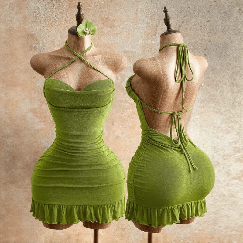 Women's Summer Solid Ruffle Hem Halter Mini Dress - Image 2