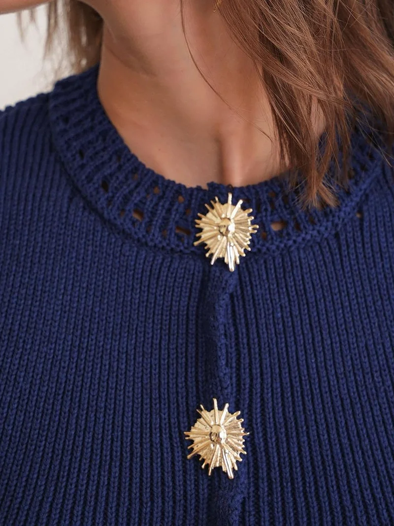 Mixray Navy Blue Mixray Textured Knit Crop Top with Button Details for Women | Best Price UAE