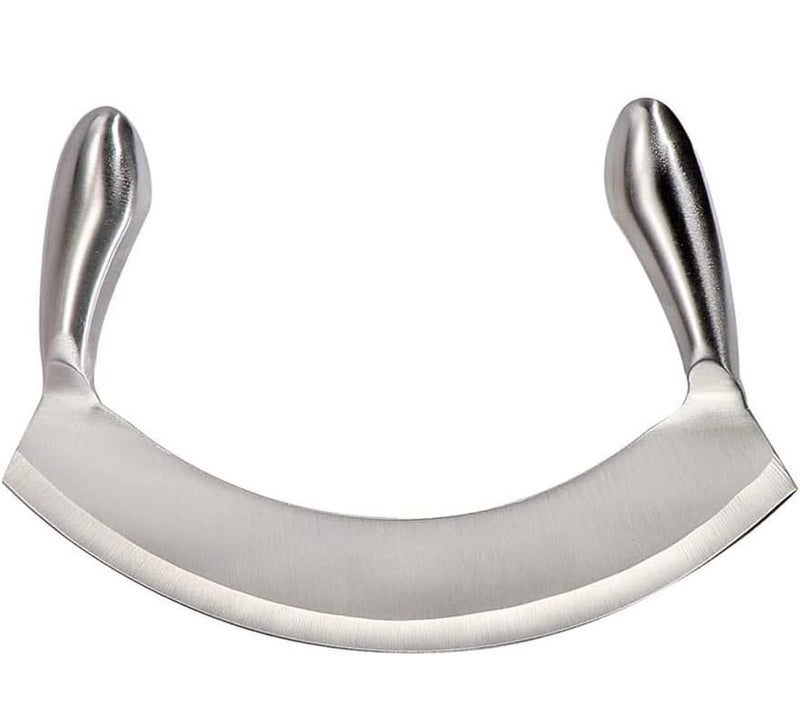 Defflo سكين ميزالونا من الفولاذ المقاوم للصدأ لقطع البيتزا بشفرة منحنية مقبض مزدوج شفرة حادة للغاية سكين فرامة متعددة الاستخدامات سكين مطبخ 87 بوصة مقطع سلطة سكين قطع بيتزا - Image 1