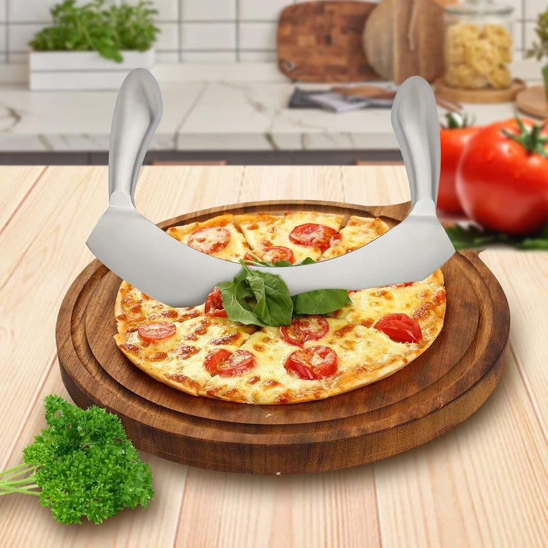 Defflo سكين ميزالونا من الفولاذ المقاوم للصدأ لقطع البيتزا بشفرة منحنية مقبض مزدوج شفرة حادة للغاية سكين فرامة متعددة الاستخدامات سكين مطبخ 87 بوصة مقطع سلطة سكين قطع بيتزا - Image 3