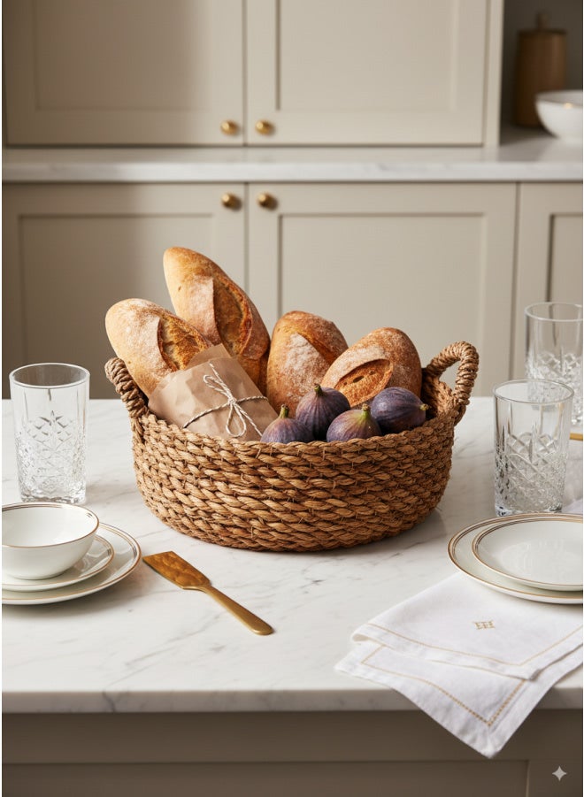 كذا هوم سلة تقديم من السعف منسوجة يدوياً بمقابض – صينية دائرية ريفية للخبز والفاكهة - Image 1