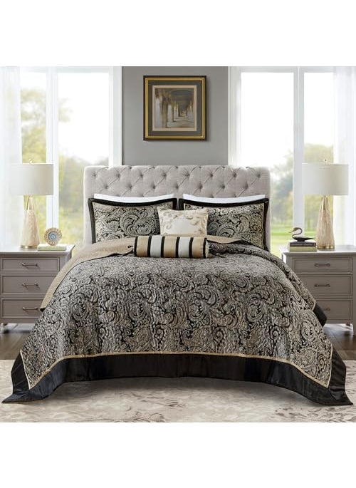 madison park Madison Park Aubrey Reversible Quilted Bedspread Set Solid Reverse Summer Breathable Lightweight All Season Bedding Layer Matching Shams Bedspread King120x118 Black 5 Piece 