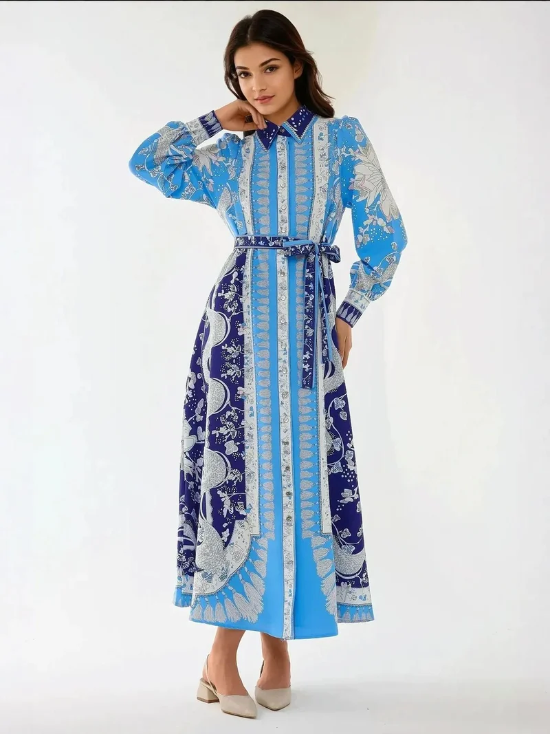 HICCUP Printed Long Sleev Maxi Dress with Belt