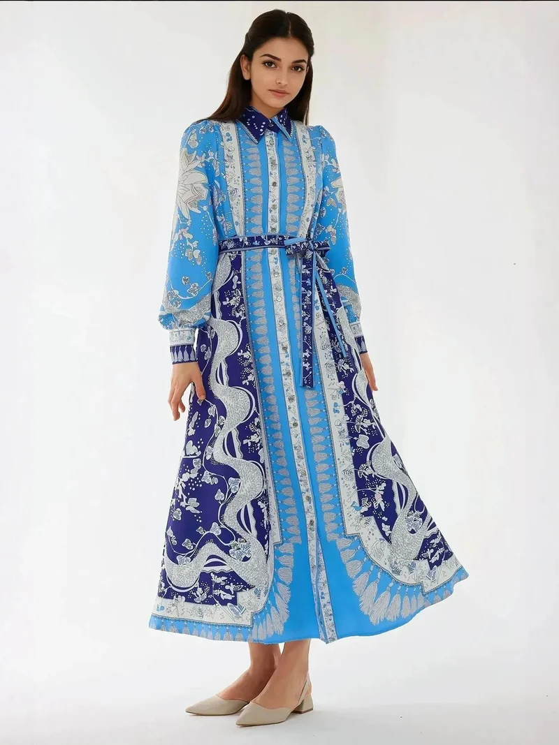 HICCUP Printed Long Sleev Maxi Dress with Belt