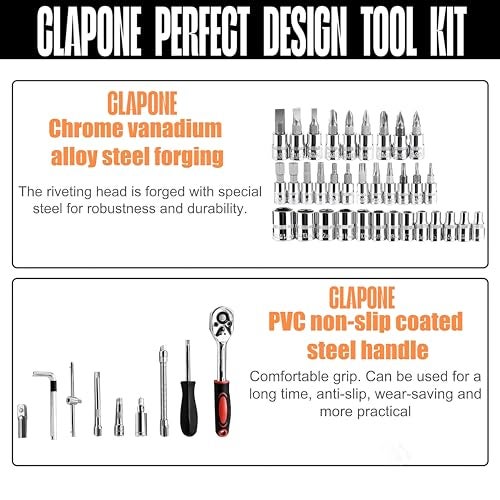 CLAPONE Tool Kit 46 Pcs Household | 1/4 Drive Socket Screwdriver Wrench Set for Bike, Car Repairs & More Spanner & Socket Set All Size Tool Kit Goti Pana Perfect for DIY Enthusiasts, Black - Image 3