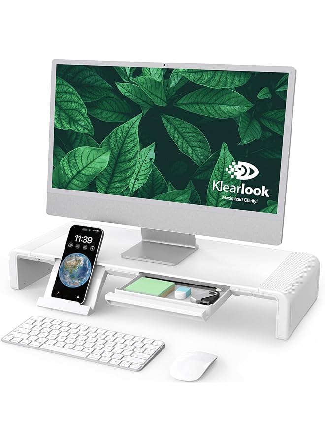 erorex Monitor Stand Riser Foldable Height Adjustable Computer Stand Desk Shelf Riser With Storage Drawer And Tablet Phone Stand For Desktop Laptop White  - Image 1