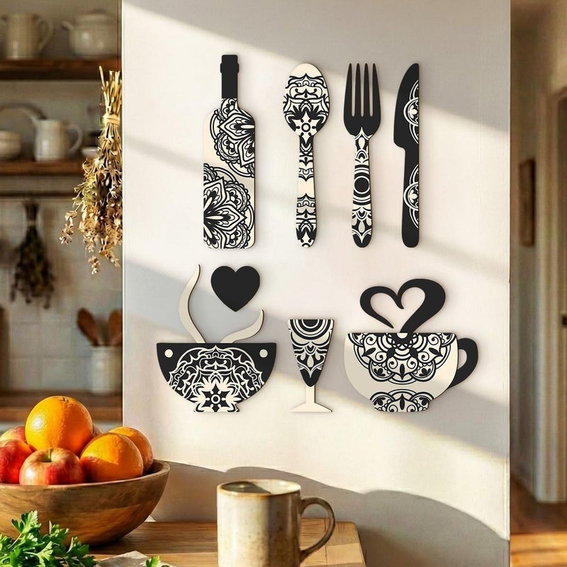 Creative Wooden Wall Decoration Set With Fork Coffee Cup And Wine Glass Shapes For Kitchen Cafe Restaurant Bar Home - Image 5