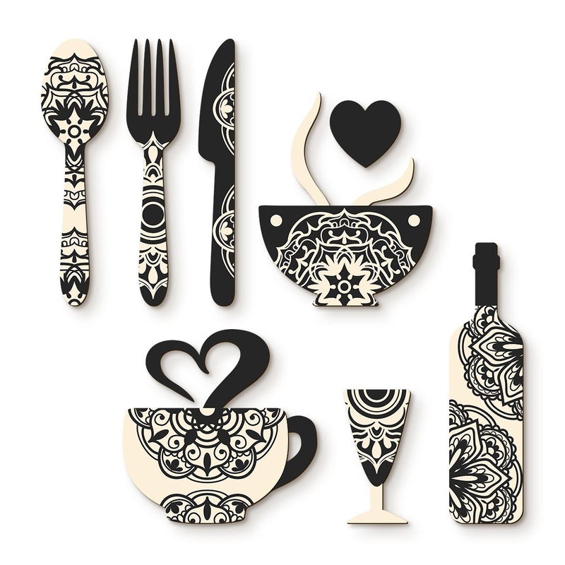 Creative Wooden Wall Decoration Set With Fork Coffee Cup And Wine Glass Shapes For Kitchen Cafe Restaurant Bar Home - Image 1