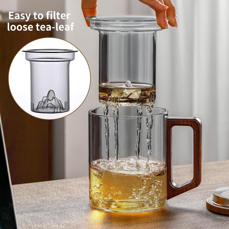 Unbreakable - Glass Tea Cup with Infuser and Lid, 950ML / 32oz Large Borosilicate Tea Mug with Wooden Handle and Lid, Heat Resistant Glass Tea Cup for Loose Leaf Tea, Home Office Use - Image 2