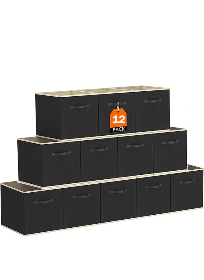 Hihonor Storage Cubes, 11 Inch Clothes Storage Bins for Shelves Closet (12 Pack), Fabric Collapsible Storage Bins with Dual Handles, Cubby Storage Baskets Boxes, College Dorm Room Essentials (Black)  - Image 1