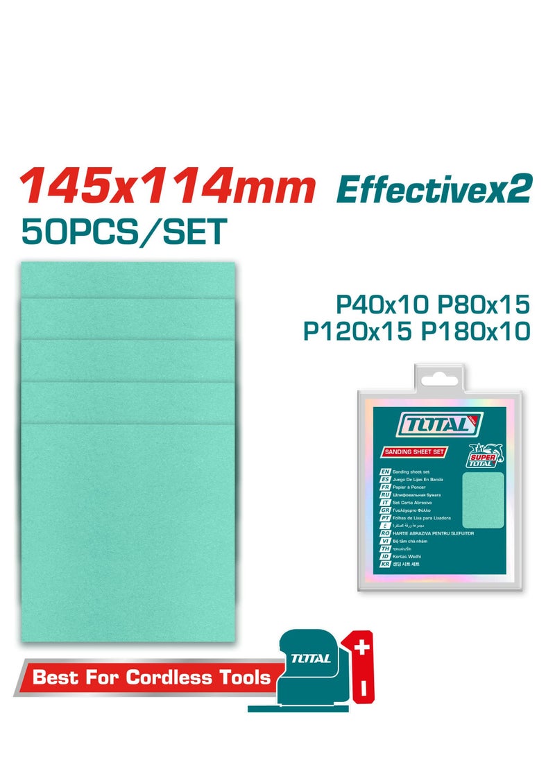 TOTAL Super Total Sanding Sheet Set - 50 Pcs (145x114mm) for Wood, Metal, Glass & More - Includes P40, P80, P120, P180 Grits - Double Blister Pack  - Image 1
