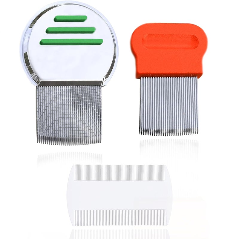 Louse Combs for Men and Women, 2 Stainless Steel Grooming Combs and 1 Plastic Dandruff Comb for Adults, For All Types of Hair, Scalp Care, High-strength Fine Teeth, 3 Pcs per Pack
