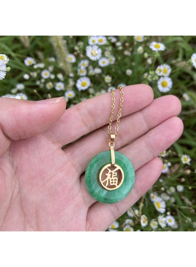 SERYNOW Natural Translucent Green Jadeite Pendant Necklace Jade Donut Circle Good Luck Chinese Fu Character Pendant Necklace, 30mm, Copper, no have - Image 3