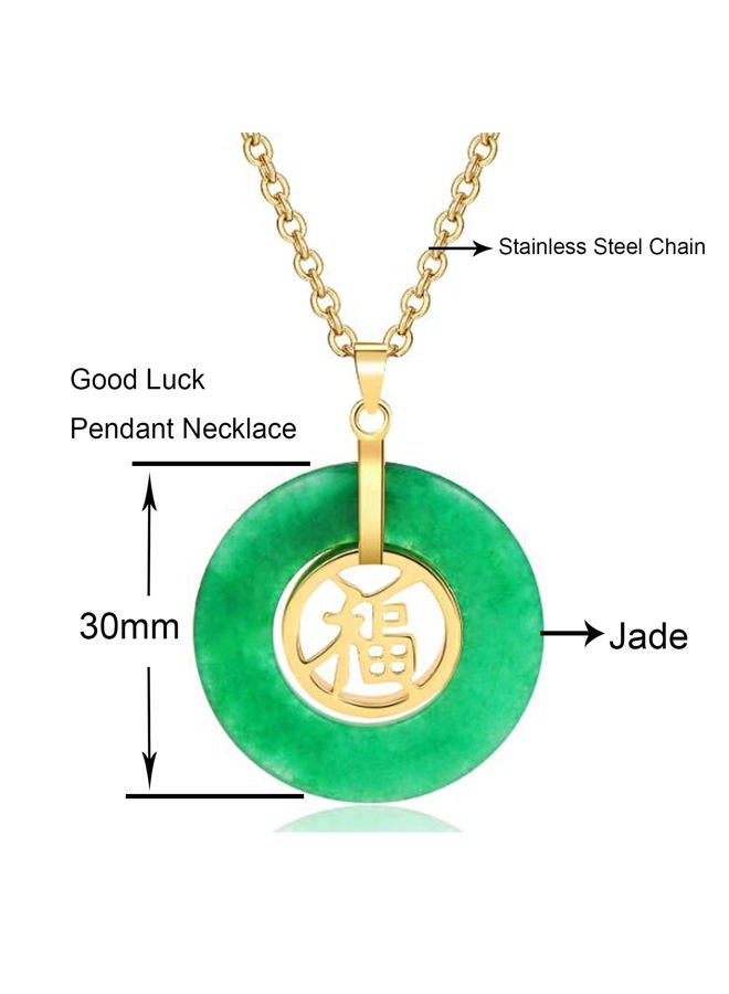SERYNOW Natural Translucent Green Jadeite Pendant Necklace Jade Donut Circle Good Luck Chinese Fu Character Pendant Necklace, 30mm, Copper, no have - Image 2