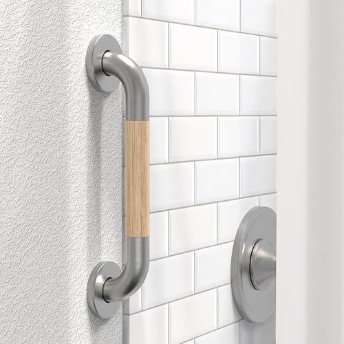 AquaChase Safety Grab Bar for Bathroom Toilet Natural Bamboo Handle ADA Compliant Balance Assist Handrail for Handicap and Seniors 12in Brushed Nickel - Image 1