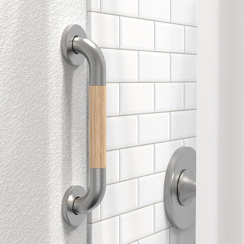 AquaChase Safety Grab Bar for Bathroom Toilet Natural Bamboo Handle ADA Compliant Balance Assist Handrail for Handicap and Seniors 12in Brushed Nickel - Image 2